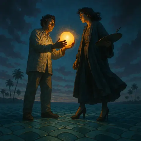 Scientist in Textured Linen Shows a Glowing Orb