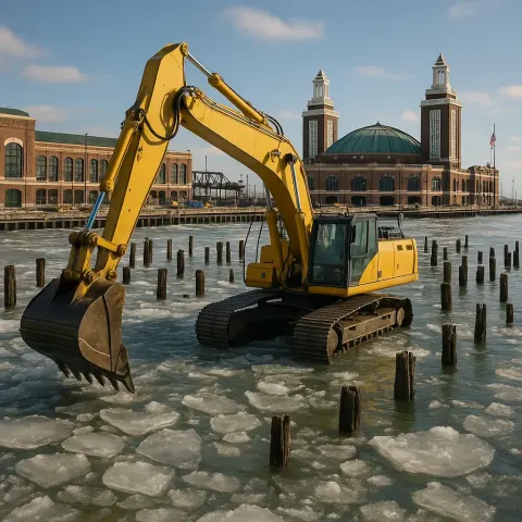 Large Yellow Excavator Works Amidst Icy Waters and Old Wooden
