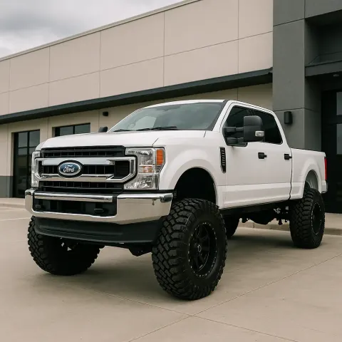 Lifted White Ford Pickup Truck with Large Off-road Tires Parked