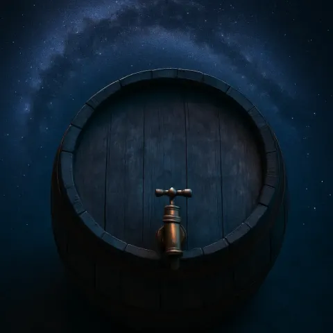 2D Antique Wooden Rain Barrel with a Bronze Lever Spigot
