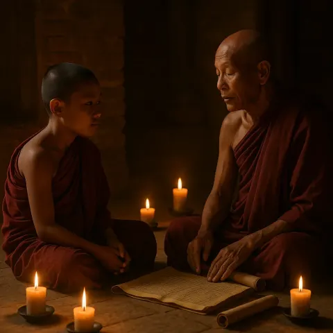 Tranquil Scene Showing a Novice Monk Attentively