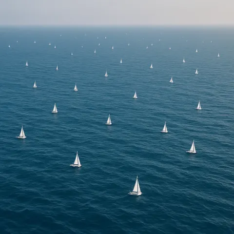 Numerous Tiny Sailboats Appear as Distant White Specks