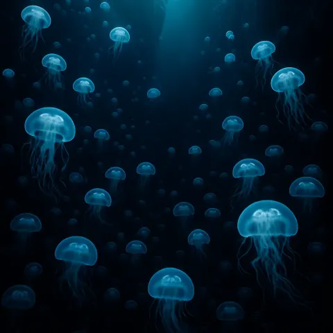 Dense Swarm of Countless Glowing Jellyfish Drifts