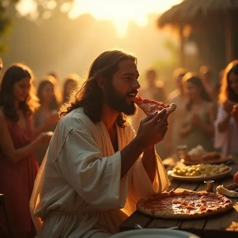 Jesus Enjoying Pizza at Golden Hour