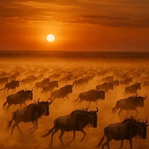 Vast Herd of Wildebeest Raises a Dust Cloud