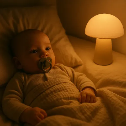 Baby Lies in Bed with a Pacifier