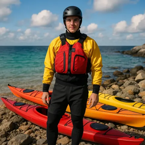 Person Wearing a Kayaking Outfit Stands on a Rocky Shore
