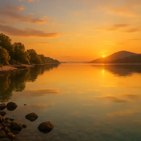 Tranquil Bay Reflected the Golden Tones of the Evening Sky