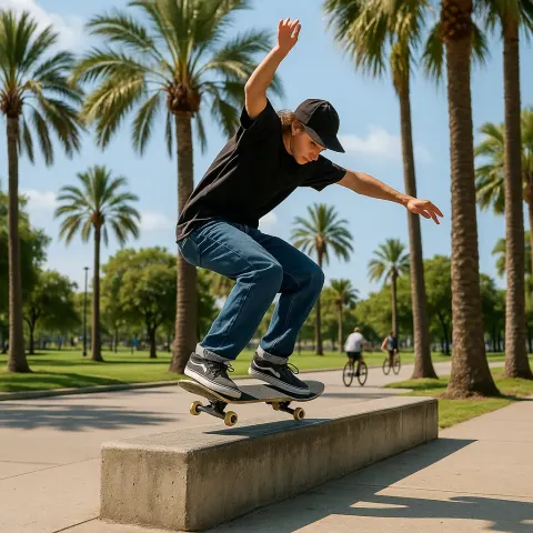 Skateboarder Performs a Trick on a Ledge in a Park