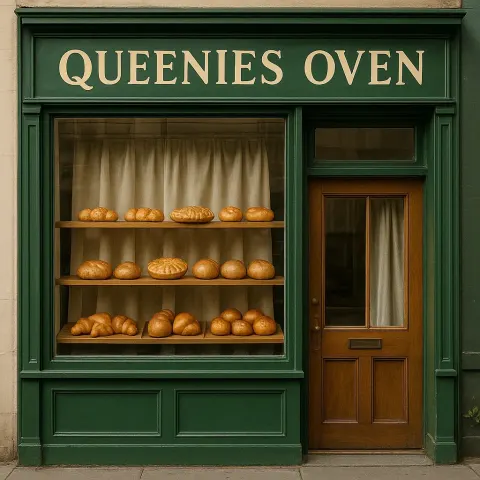 Green Storefront with "Queenies Oven" Signage Displaying Baked Goods