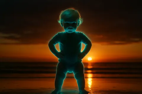 Toddler Exuding an Unnatural Blue-green Aura and Crowned with Platinum