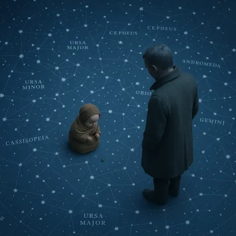 Two Tiny Figures Are Centrally Composed Against a Diagrammatic