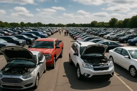 Large Outdoor Parking Lot Filled with Rows of Various Cars