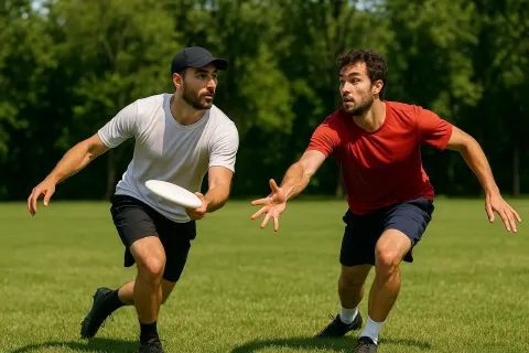 Two Men Playing Ultimate Frisbee on a Grassy Field