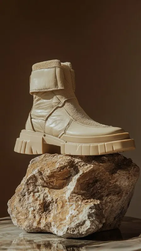 Beige Nappa Biker Boots on Marble Rock