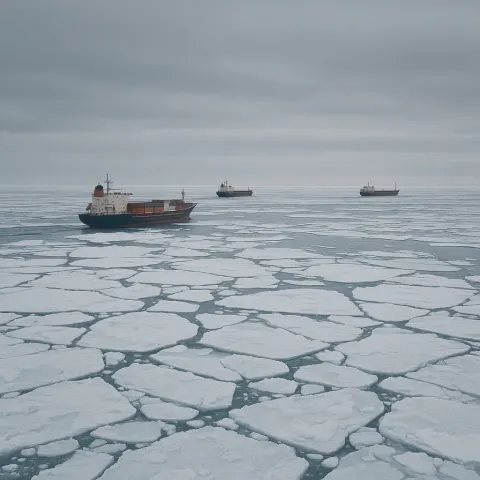 Few Distant Cargo Ships Are Carefully Navigating Through a Massive