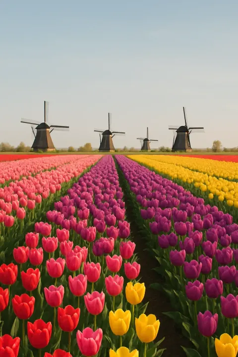 Vast Fields of Brightly Colored Tulips Stretch Towards a Distant