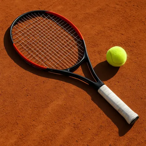 Tennis Ball near a Tennis Racket Lying on a Clay