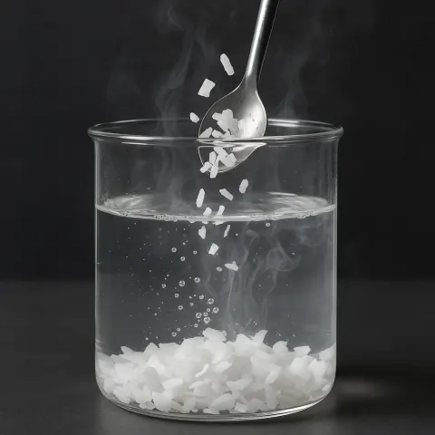Sodium Hydroxide Flakes Dissolving into Water Inside a Glass Vessel