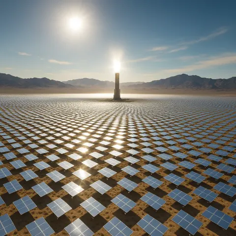 Countless Shimmering Solar Panels Stretch Across an Arid Desert Basin