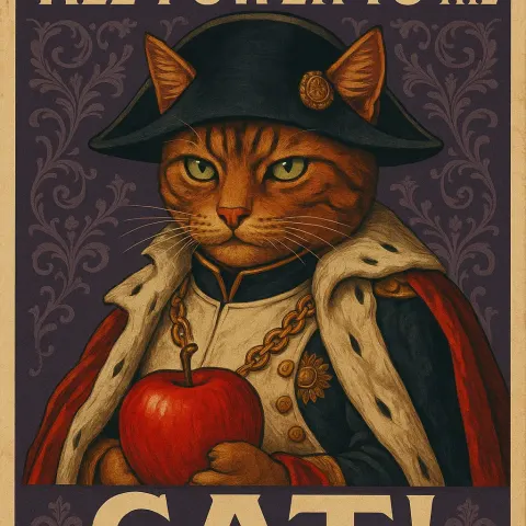 Striking Propaganda Poster Showcasing a Cat with a Sly