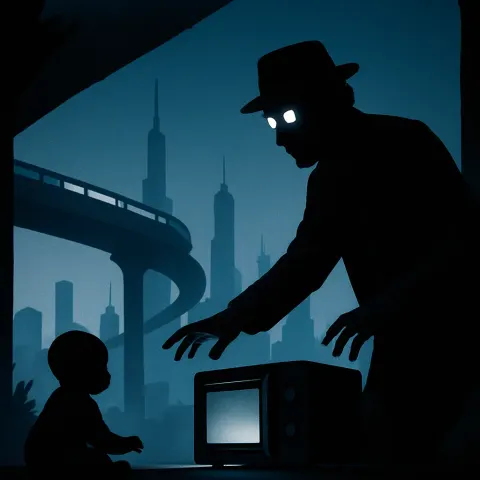 Auteur Director with Glowing Eyes Reaches for a Sleek Microwave