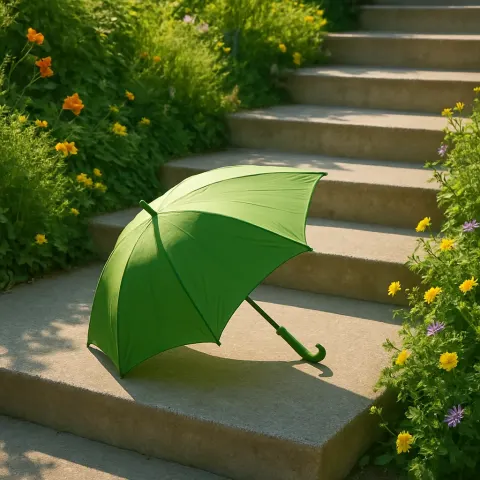 Green Umbrella Lies Partially Open on a Sunny Concrete Stairway