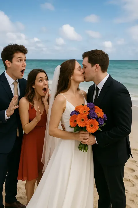 Bride and Groom Kiss on a Beach