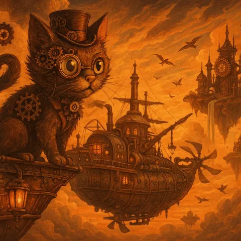 Atmospheric Steampunk Illustration Featuring a Cat Adorned with a Monocle