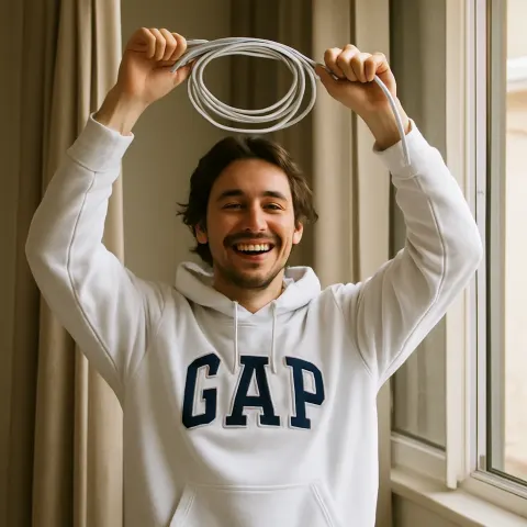 Person Wearing a White GAP Hoodie Is Standing Indoors