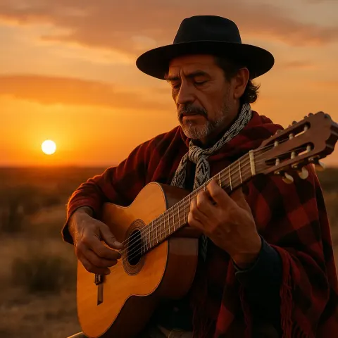 Argentine Musician Strumming a Traditional Folk Tune on a Wooden