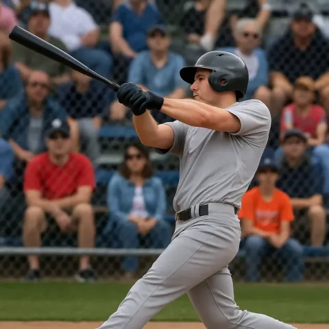 Baseball Player in a Gray Uniform Swings a Bat