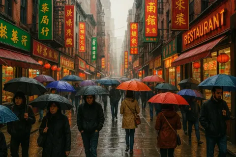 Busy Urban Street Scene in Chinatown with People Walking