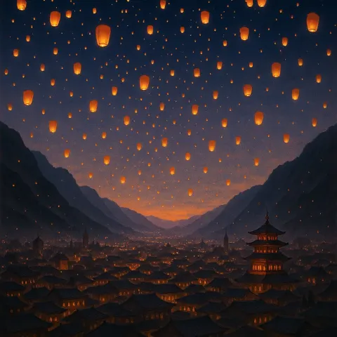 Countless Shimmering Lanterns Ascend into a Twilight Sky