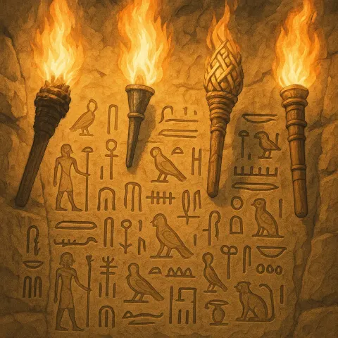 Four Diverse Torches in Profile Brightly Illuminate a Hieroglyph-etched Canyon