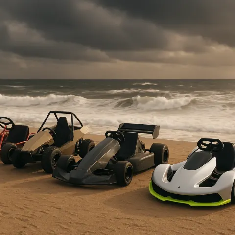 Four Distinct Go-karts Stand Defiantly Against a Stormy Sea