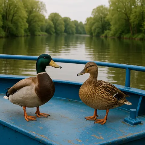 Two Ducks Standing on the Deck of a Blue Boat