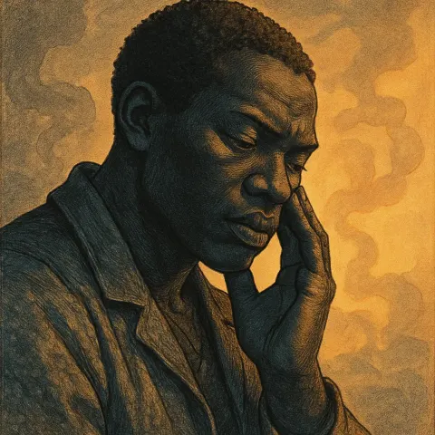 Pensive Sub-Saharan African Figure in Ukiyo-e Industrial Revolution Style Tenderly