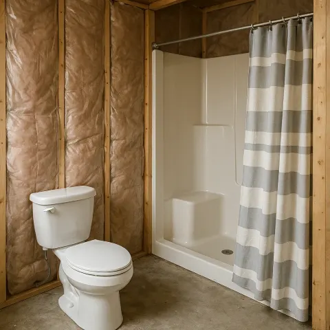 Partially Unfinished Bathroom with Exposed Insulation Covered in Plastic Sheeting