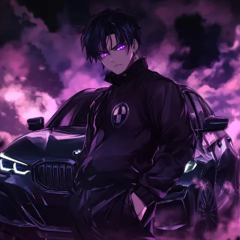 Anime Male with Purple Eyes and BMW