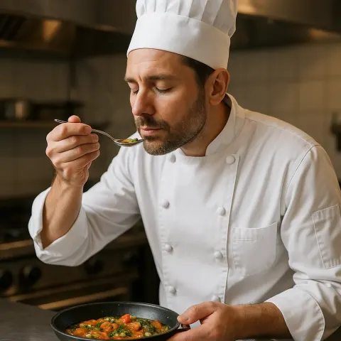 Chef Carefully Fine-tunes the Seasoning of a Dish