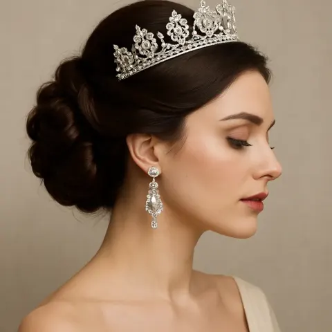 Woman with an Elegant Updo Hairstyle Wearing a Silver Jeweled