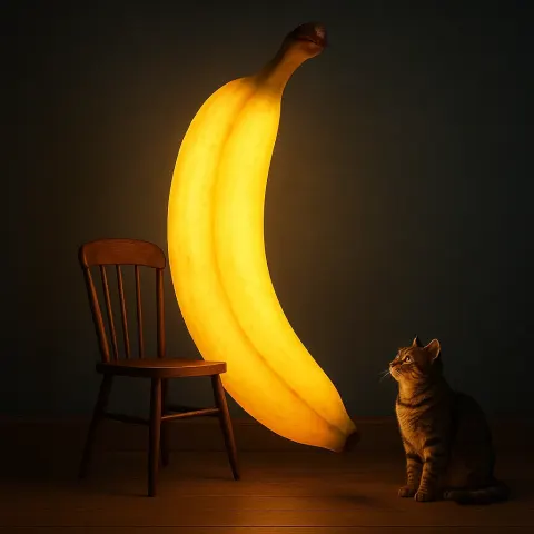 Massive Illuminated Banana Looms Above a Chair While a Playful