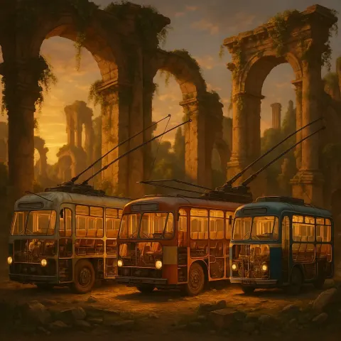 Three Diverse Trolleybuses in Exploded Cross-section