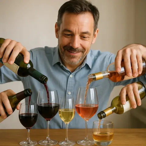 Man Pouring Different Types of Wine from Various Bottles