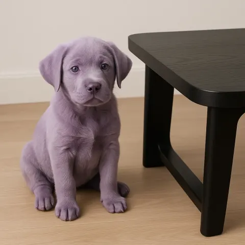 Lavender-hued Puppy Resting Next to a Modern Black Coffee Table