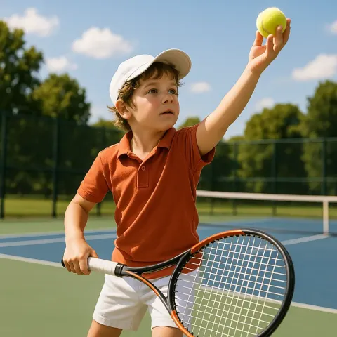 Sunny Tennis Court with a Young Boy Getting Ready
