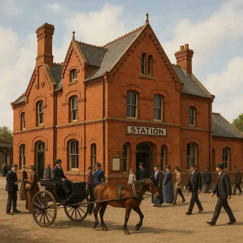 Red Brick Train Station with a Horse-drawn Carriage in Front