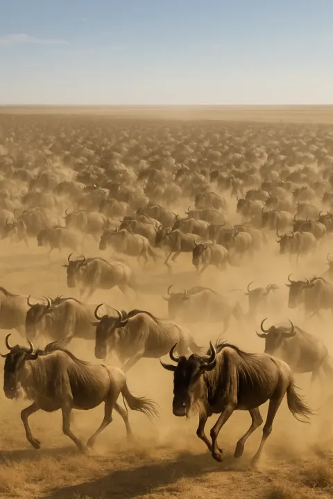 Vast Migration of Countless Wildebeest Kicks Up Clouds of Dust