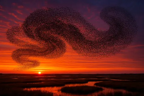 Immense Murmuration of Starlings Swirls in Complex Patterns